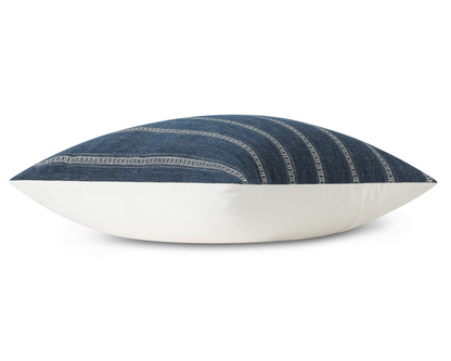 Taos in Indigo pillow cover laid flat, deep indigo blue with ivory ladder stripes