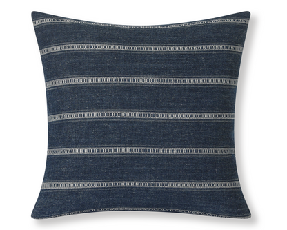 Taos in Indigo square pillow cover, deep indigo blue with ivory ladder stripes