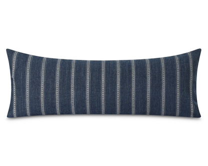 Taos in Indigo long lumbar pillow, deep indigo blue with ivory ladder stripes