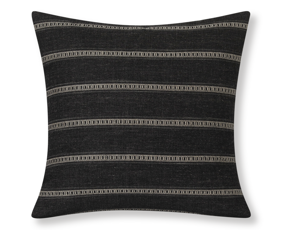 Taos in Onyx square pillow cover, charcoal black with khaki ladder stripes and a black cotton back