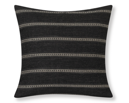 Taos in Onyx square pillow cover, charcoal black with khaki ladder stripes and a black cotton back
