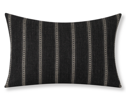 Taos in Onyx lumbar pillow cover, charcoal black with khaki ladder stripes and a black cotton back