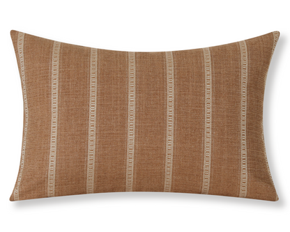 Taos in Saddle lumbar pillow cover, warm saddle brown with cream ladder stripes