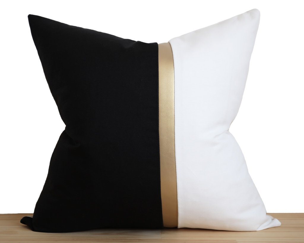 Black and White Color Block Pillow Cover, Gold Faux Leather Accent // Coterie