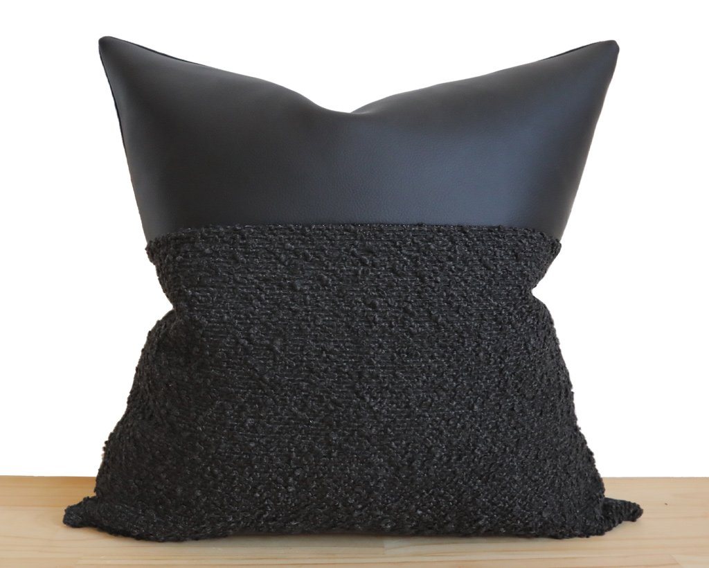 Textured Black Faux Leather Pillow Cover 24X24