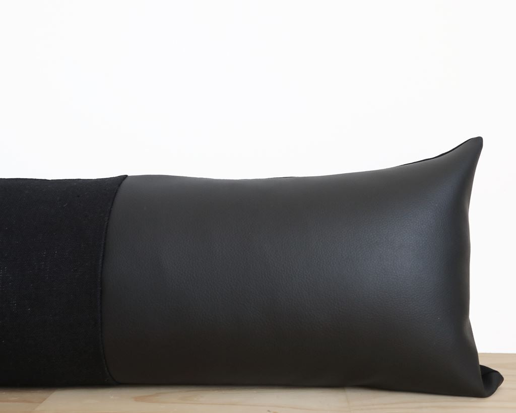 Black Linen + Faux Leather, Long Lumbar Decorative Pillows Stitched By Grace 